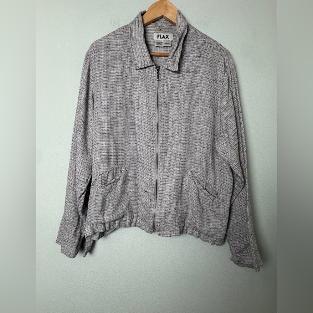 FLAX 100% Linen Tweed Lightweight Full Zip Front Jacket Gray Black & White Small